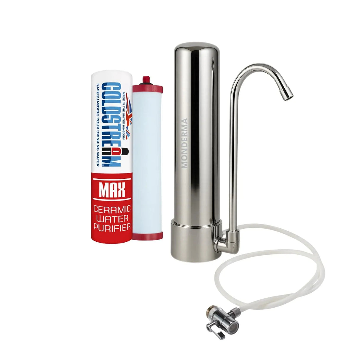 Robinet de cuisine, 33 cm, 3000 L, tactile, acier inoxydable, 1 cartouche filtrante CTO MAX coldstream, Inox 304, 7,5 cm
