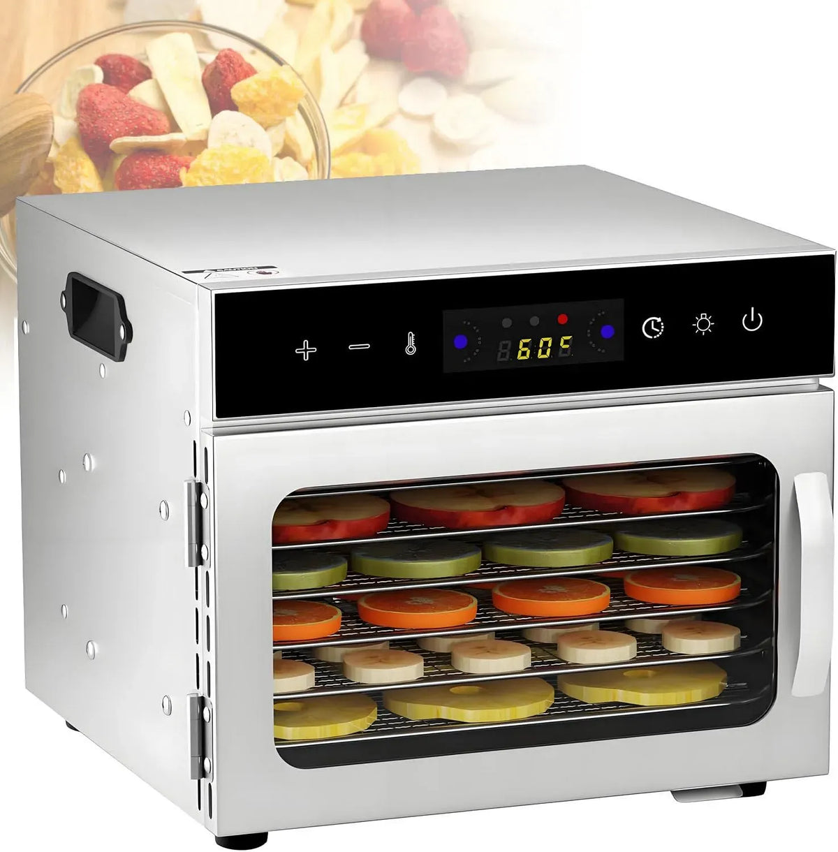6-Trays température réglable numériquement, Déshydrateur Alimentaire Professionnel en Acier Inoxydable 6/8/12/18 Plateaux, 30-90 °C, minuterie 24 h