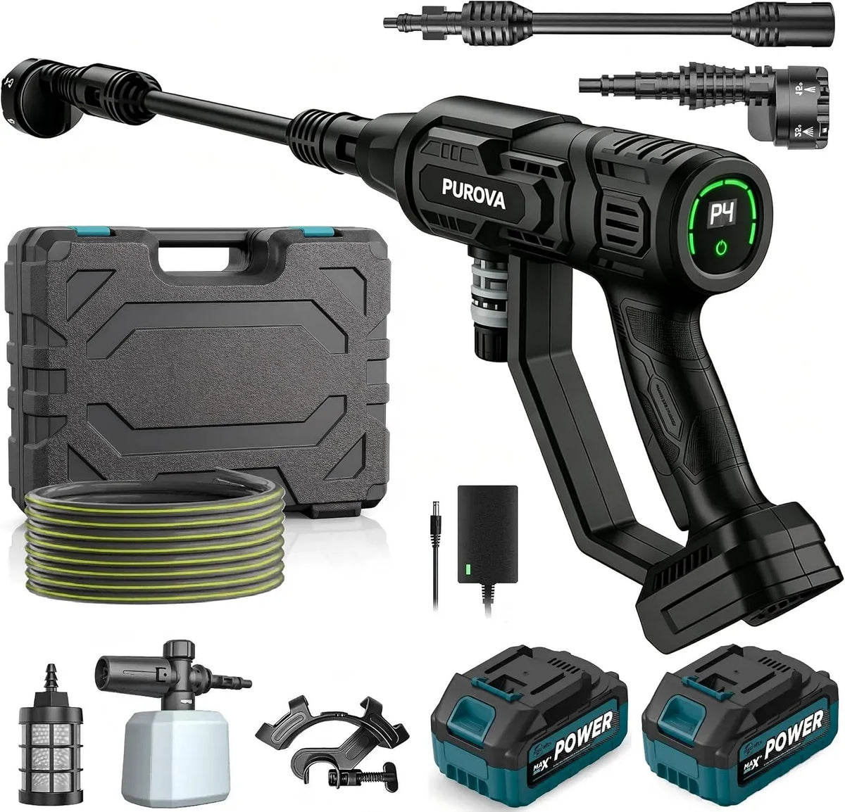Nettoyeur haute pression 4.0Ah 6-en-1, 1500 W, écran LCD, Moteur sans Balais 1500W & Écran LCD, Buse & Tuyau 5m pour Auto, Débit 600 L/h