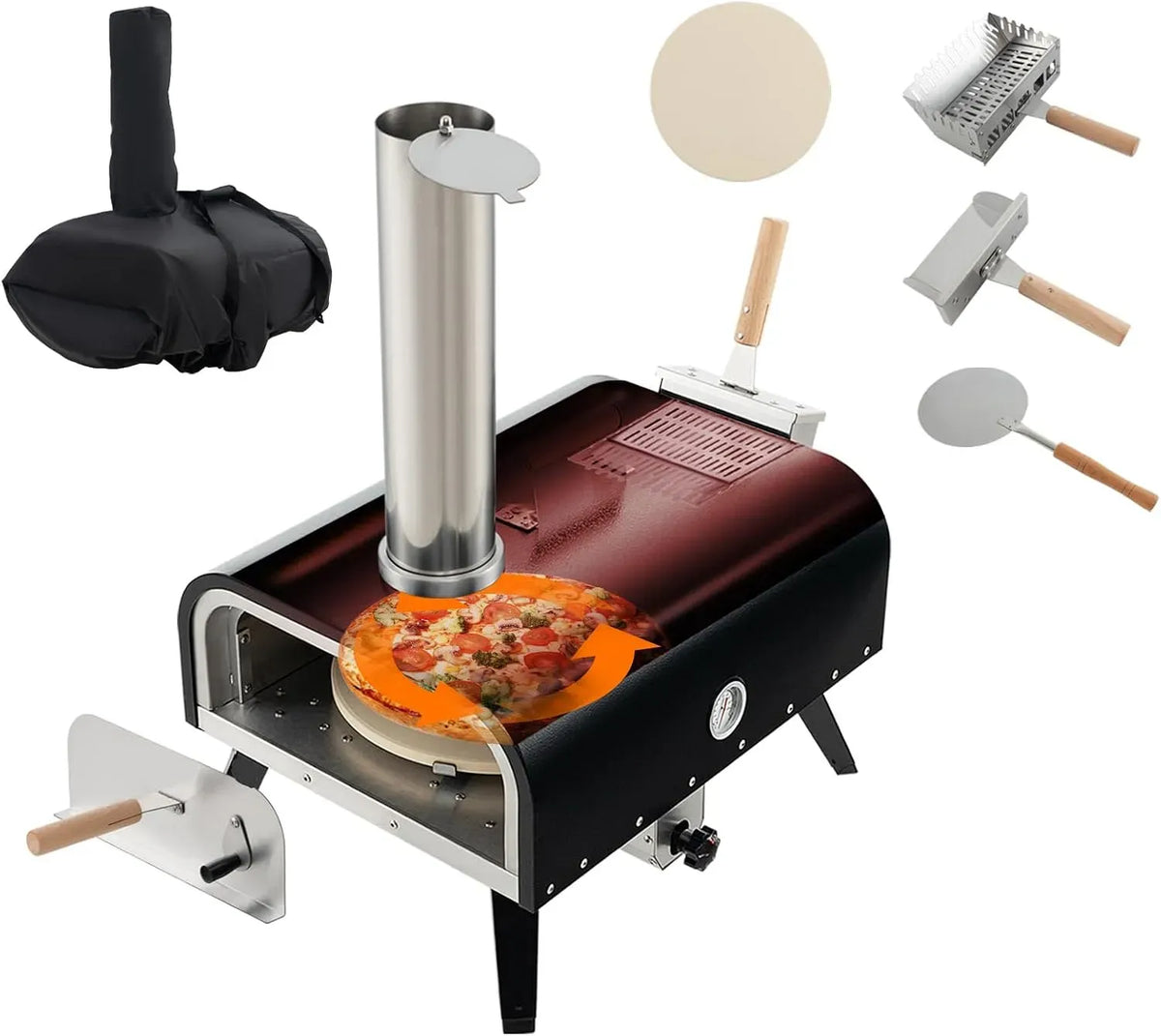Four électrique à pizza, 30cm, GOPLUS, extérieur, camping, acier inoxydable, Pierre à Pizza Rotative de 30cm, Pelle à Pizza et Thermomètre
