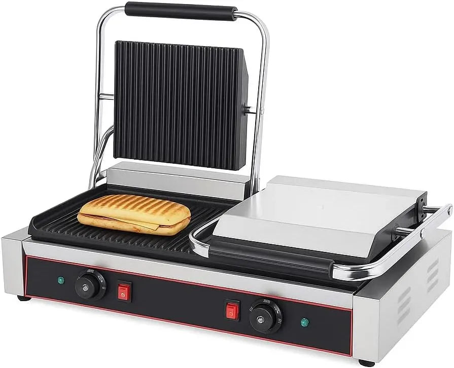 Grill, gril à panini et croque-monsieur, 2 foyers, 0 à 300 °C, 4,4 kW, professionnel, 2 zones de température