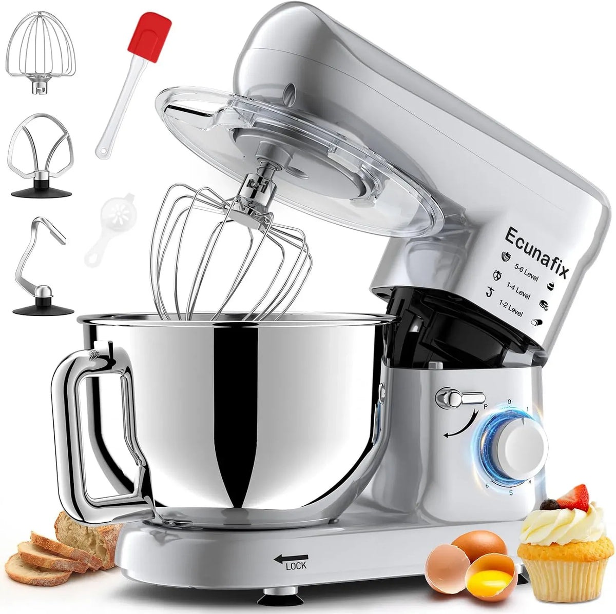 6+P Vitesses, Patissier, pour Pétrin Professionnel avec Crochet Pétrisseur, 2000W Cuisine Multifonctions 6,5L Faible Bruit, Batteur, Fouet à Fil