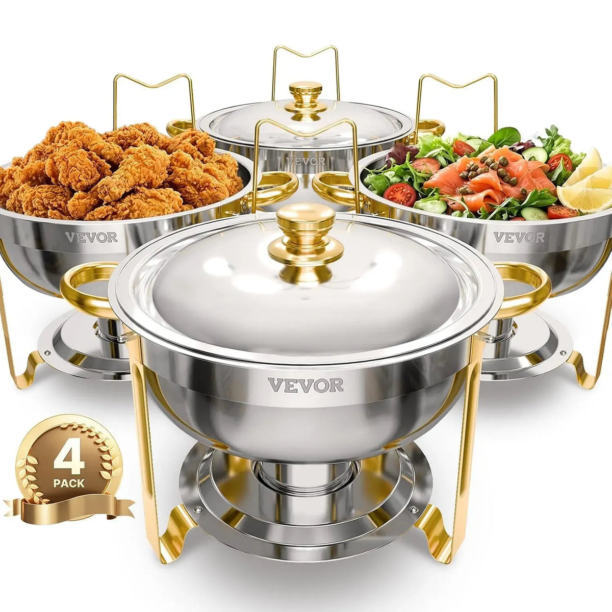 VEVOR 4PCs Couvercle et Pince, Buffet Chauffant Rond, Chauffe-Plat 4,6 L, avec 4 Bacs Pleine Grandeur, Réchaud en Acier Inoxydable, pour Buffet