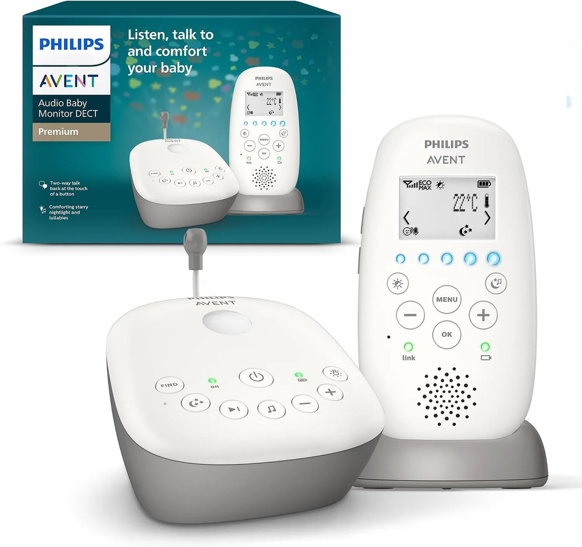Philips SCD733/26 berceuses, Avent DECT, pour Écoute-bébé Audio avec veilleuse à Projection d'étoiles, portée de 330 m, autonomie de 24 h