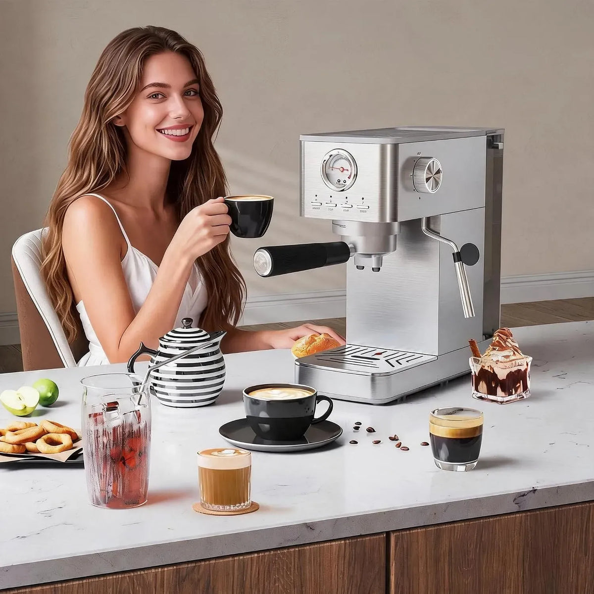 Machine à expresso, 1,4 L, 1300 W, grand réservoir, amovible, acier inoxydable, argenté