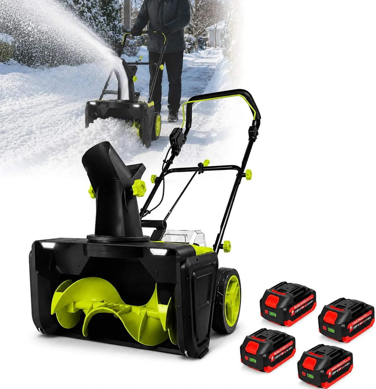 V 3500 4-Battery Fraise à Neige Électrique avec 2 Lampes LED, 220 V 3500 W, Distance de Jet de Neige 7, Largeur de Tra ail 50 Cm, 7.6 M