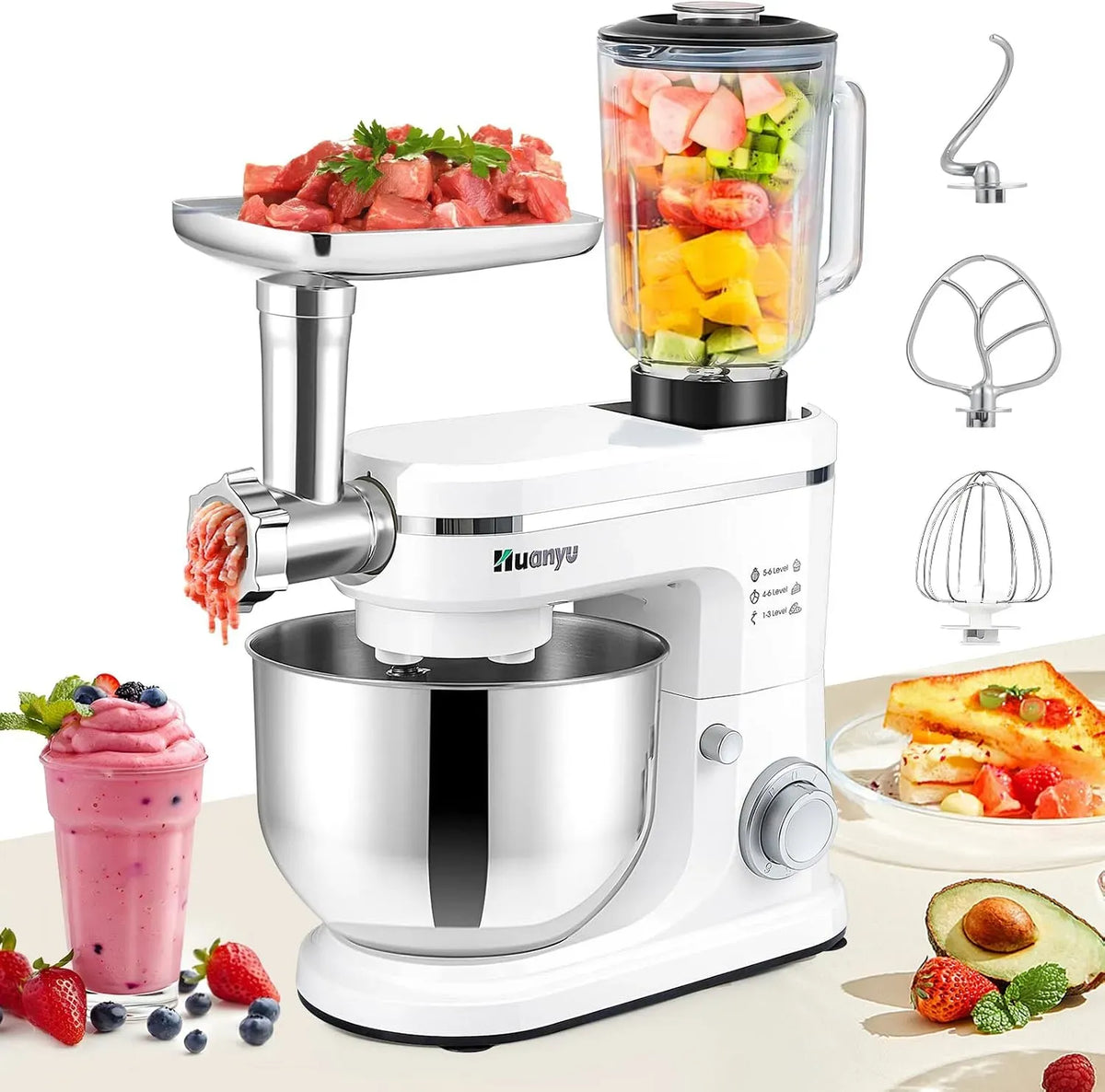 Robot de cuisine, 6 L, Huanyu 3-in-1, 1.5 L, machine de cuisine, Robot Patissier Multifonctions 6L Petrin a Pain avec Mixeur 1