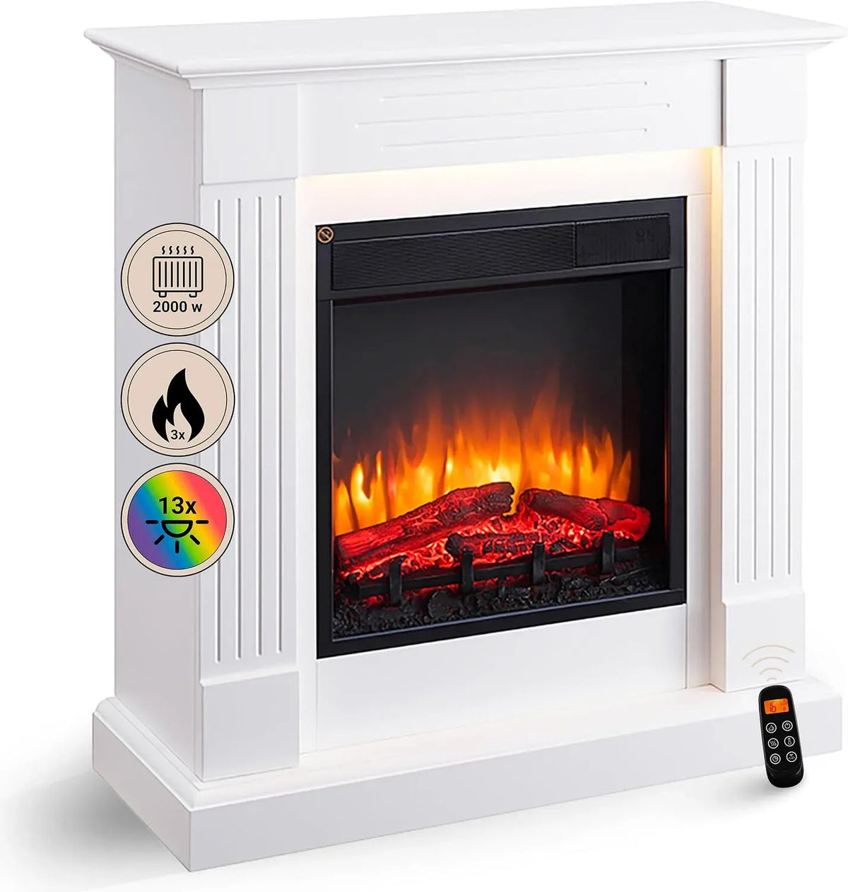 Radiateur électrique, 2000 W, BALDERIA, minuteur, éclairage LED, thermostat, effet 3D, Foyer électrique sur Pieds avec Effet de Flammes 3D