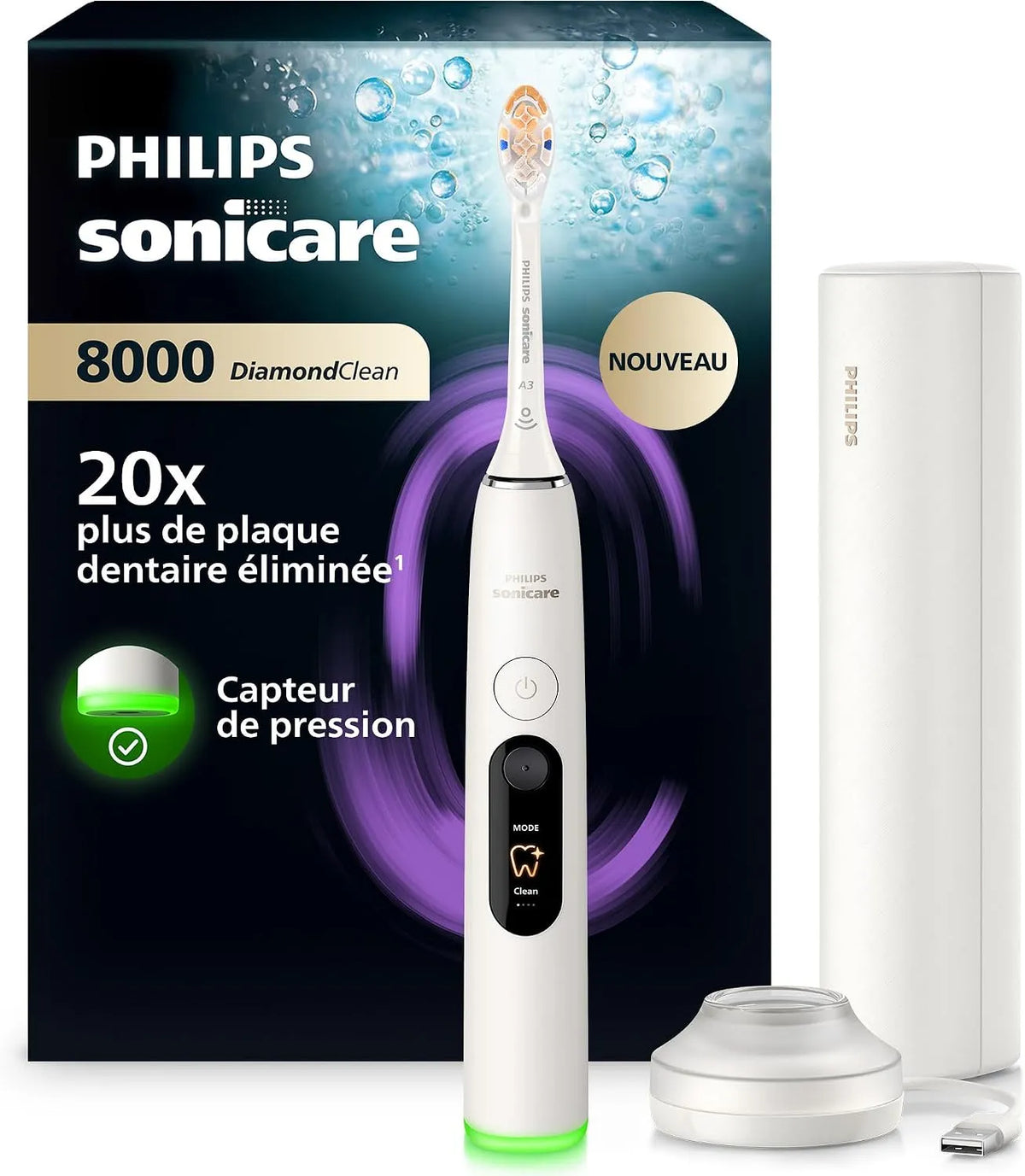 Philips HX8311/11 capteur, brosse, brosse à dents rechargeable, dalle IPS, blanc