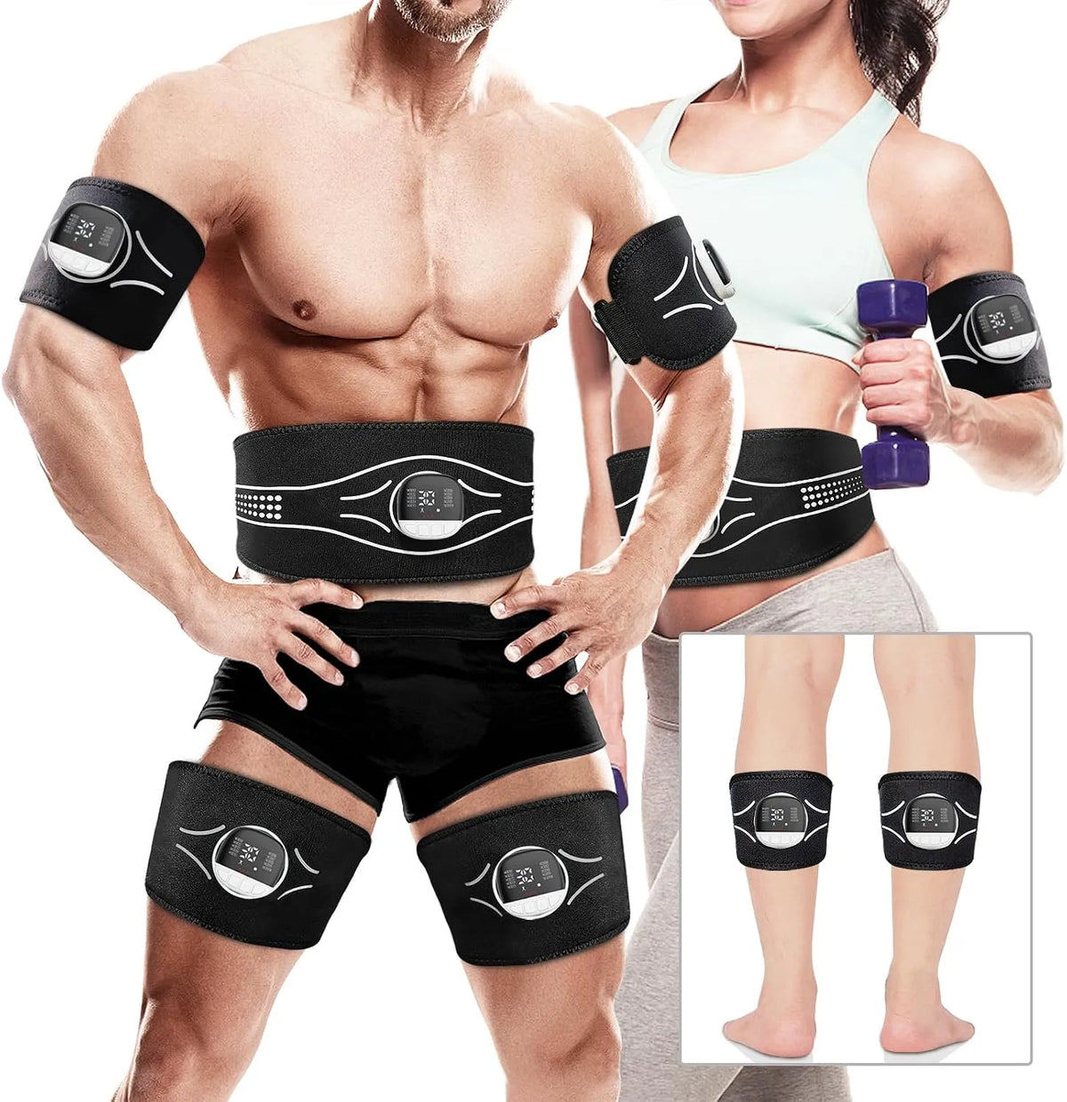 pour Abdomen/Bras/Jambes, Electrostimulateur Musculaire Ceinture, 10 Modes 30 Niveaux Affichage de la Dépense Calorique et Alerte de Charge, Espaceur