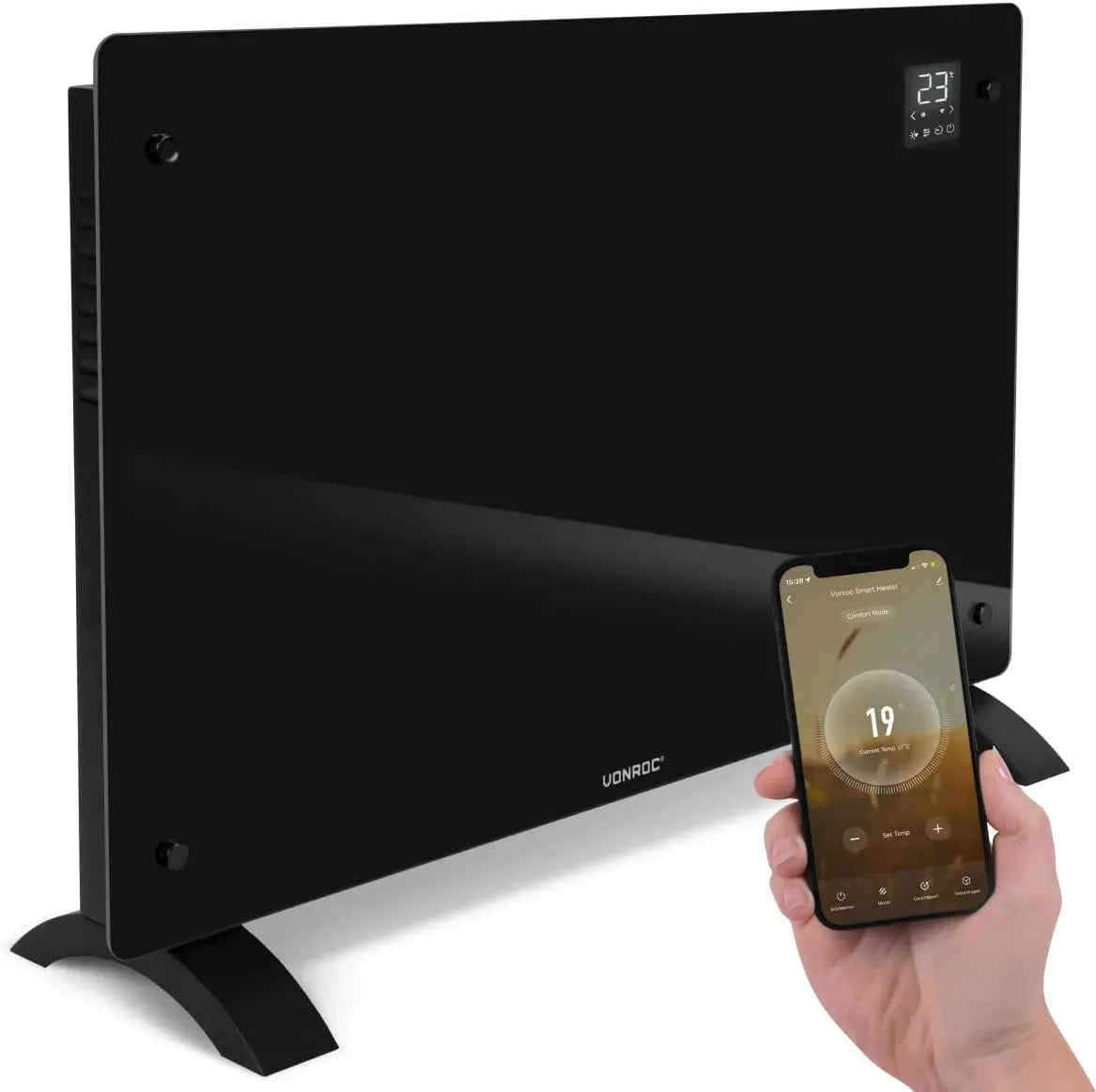 Radiateur électrique, 2000 W, VONROC, verrouillage, Wi-Fi, thermostat, noir, Chauffe des pièces jusqu'à 24m², Écran LED, Thermostat Réglable